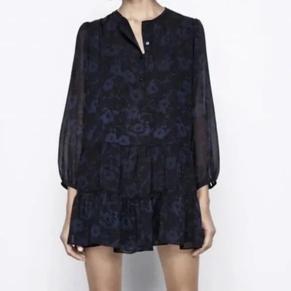 Zara Tiered Floral Mini Dress Textured Long Sleeve A Line Dress Size XS - Picture 8 of 8
